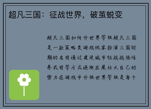 超凡三国：征战世界，破茧蜕变